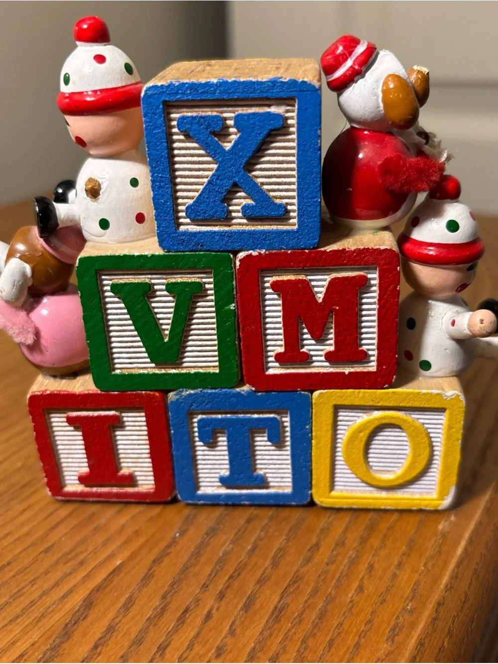 Wooden Alphabet Blocks Set with Festive Figures - Red, Green, Yellow, bookends